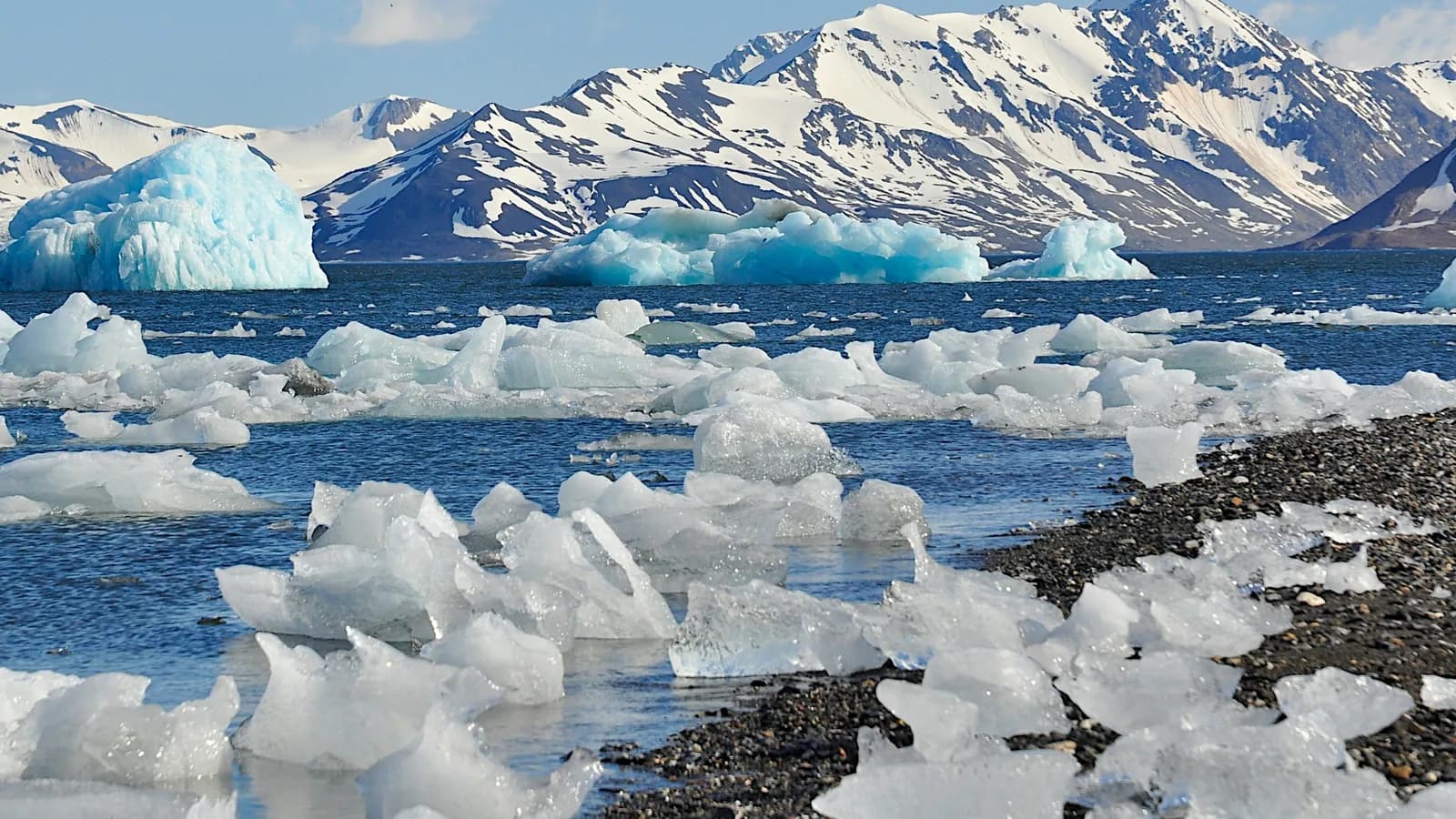 Eisschollen und ein Eisberg vor schneebedeckten Bergen an einer arktischen Küste